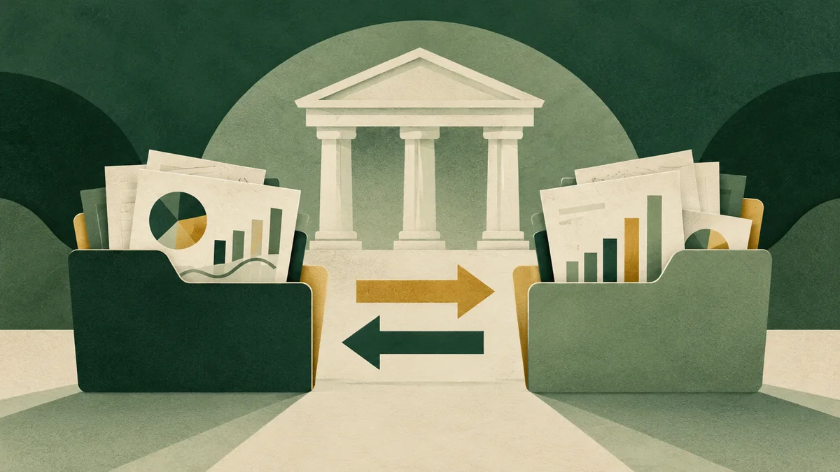 Conceptual illustration of two investment-fund folders linked by transaction arrows.