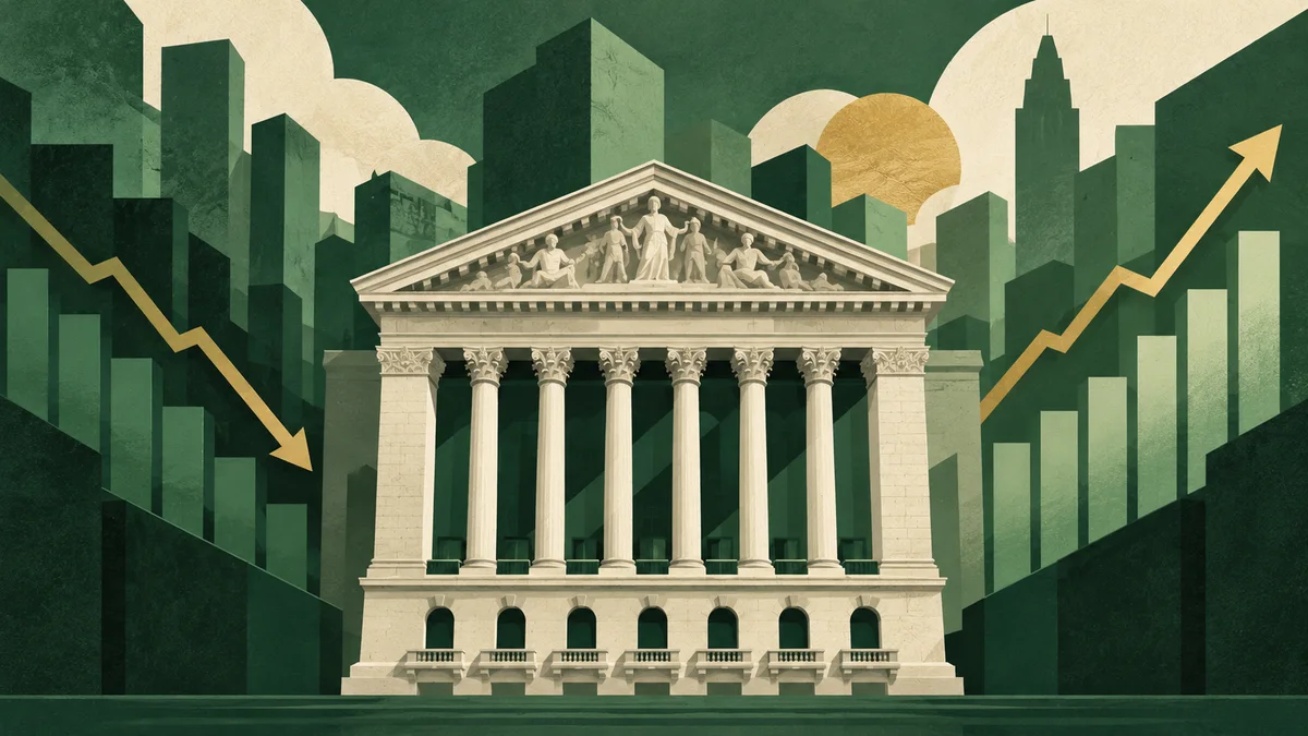 Conceptual illustration of a stock exchange facade with rising and falling market graphics.