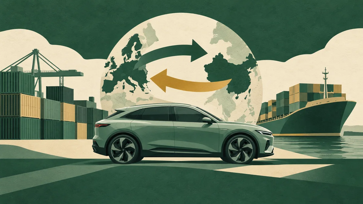 Conceptual illustration of an unbranded car, shipping containers and trade arrows between Europe and China.